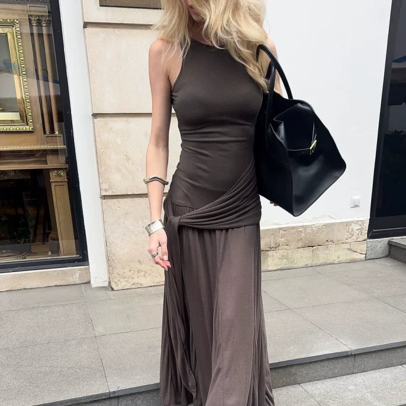 Cxqdy | Women’s Sleeveless Waist-Tie Retro Style Long Dress