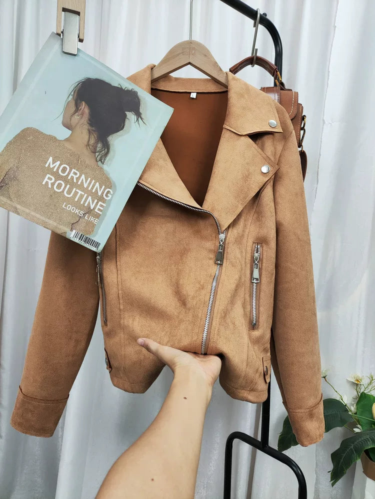 Cxqdy | Women’s Slim-Fit Imitation Deerskin Velvet Motorcycle Jacket with Diagonal Zipper