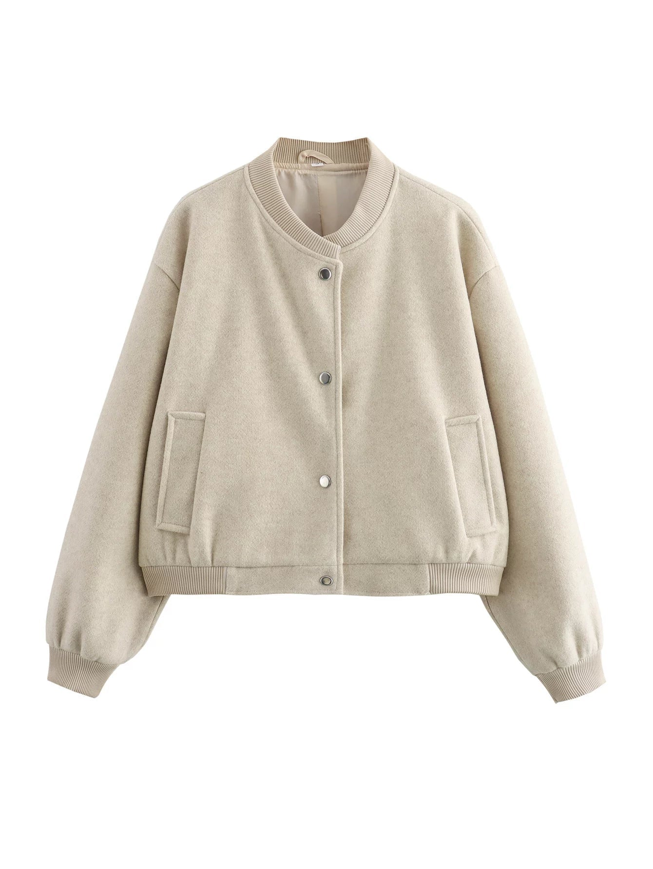 Cxqdy | Women’s Wool Blend Baseball Jacket Loose Fit Short Coat Stand Collar Outerwear