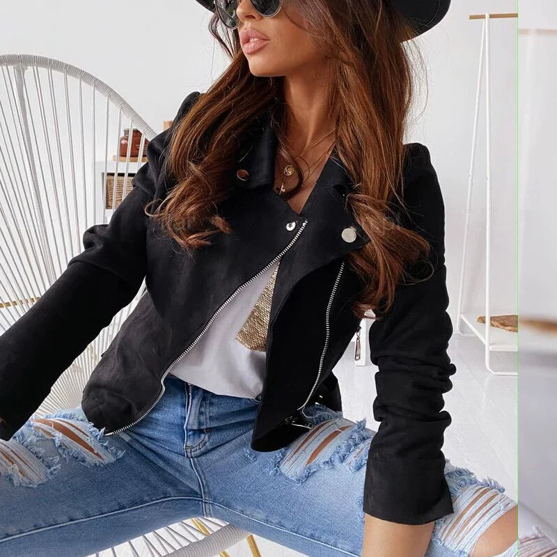 Cxqdy | Women’s Slim-Fit Imitation Deerskin Velvet Motorcycle Jacket with Diagonal Zipper