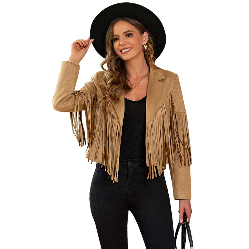 Cxqdy | Women’s Fringe Trim Short Jacket Lapel Collar Long Sleeve Trendy Outerwear