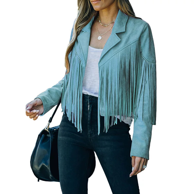 Cxqdy | Women’s Fringe Trim Short Jacket Lapel Collar Long Sleeve Trendy Outerwear