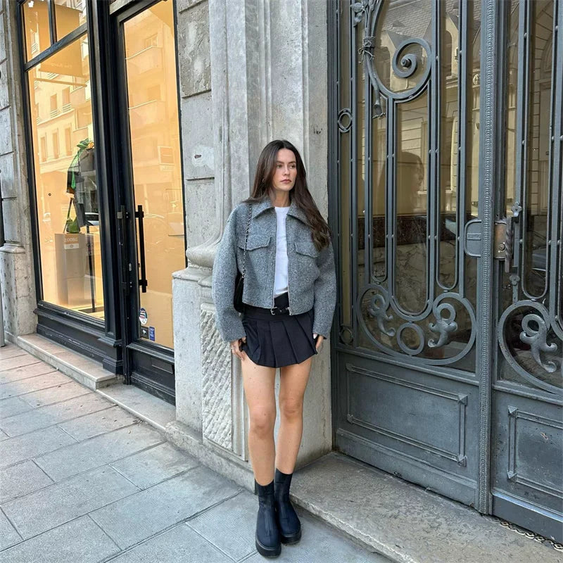 Cxqdy | Women’s Minimalist Wool Blend Short Coat Loose Fit Lapel Outerwear with Pockets