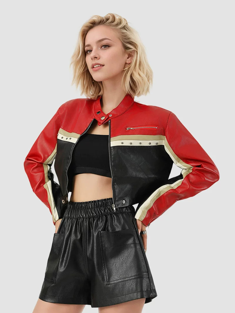 Cxqdy | Women’s Contrasting Color PU Leather Motorcycle Jacket with Waistless Design