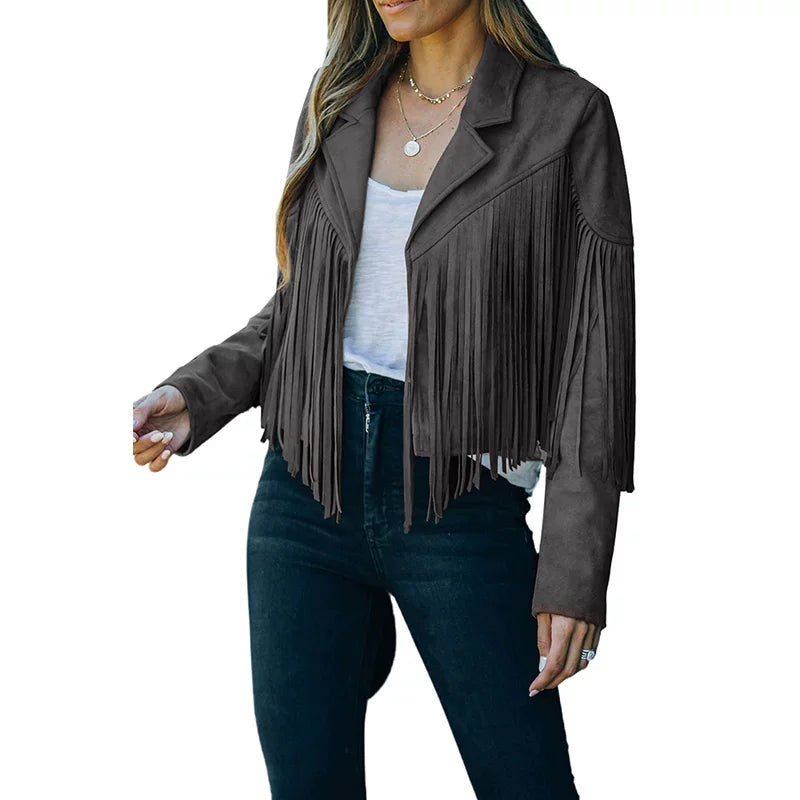 Cxqdy | Women’s Fringe Trim Short Jacket Lapel Collar Long Sleeve Trendy Outerwear
