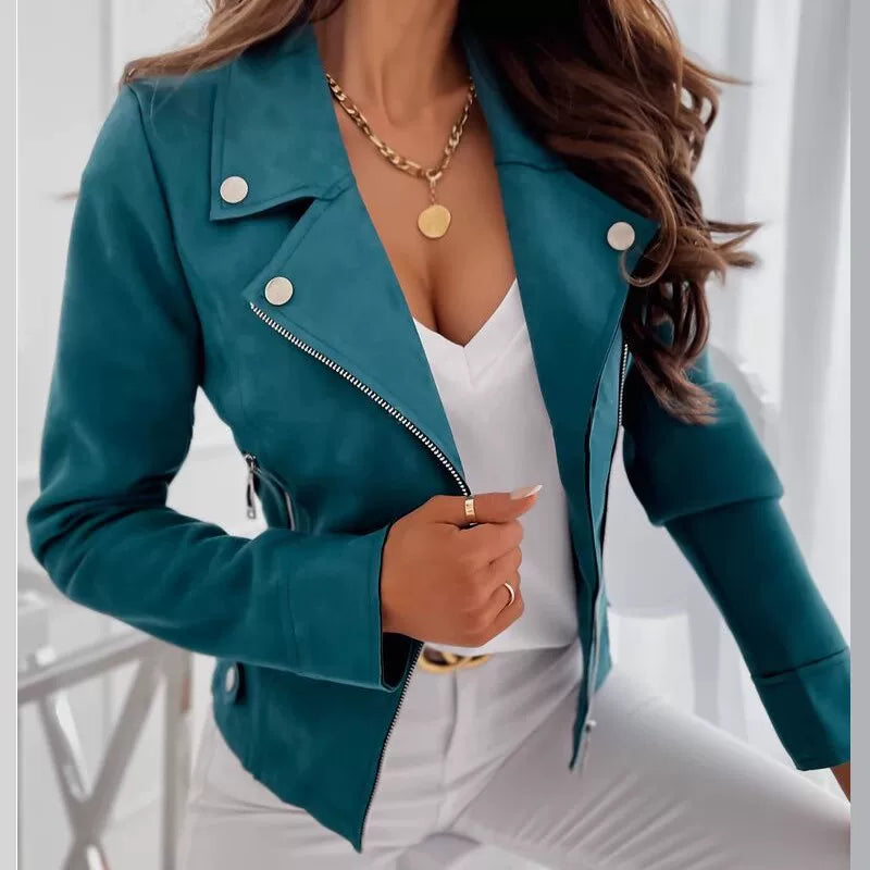 Cxqdy | Women’s Slim-Fit Imitation Deerskin Velvet Motorcycle Jacket with Diagonal Zipper